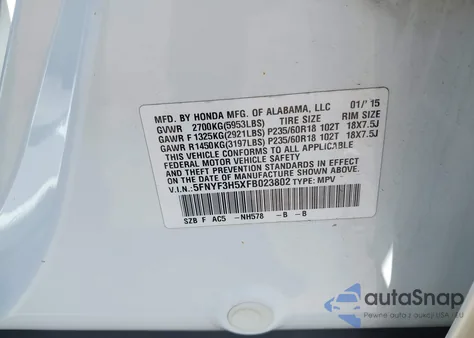 2015 Honda Pilot Ex-L from USA, damaged, VIN 5FNYF3H5XFB023802